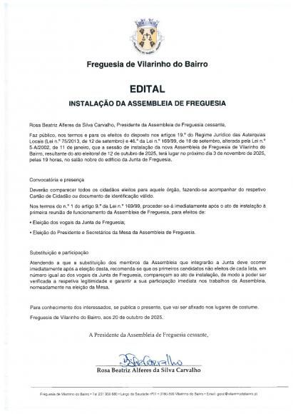 Edital - Instala&ccedil;&atilde;o da Assembleia de Freguesia