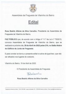 Edital de convocatória para reunião assembleia de Freguesia de 29_04_2022